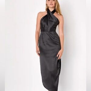 Lulus Black Satin Sleeveless Cocktail Halter Midi Dress | L